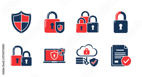 Illustration of security icons including locks, shields, a laptop, cloud, and document, symbolizing data protection and privacy.