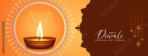 Happy Diwali religious cultural festival celebration banner with diya