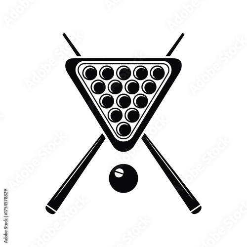 Billiard balls racked in triangle with crossed cues and cue ball