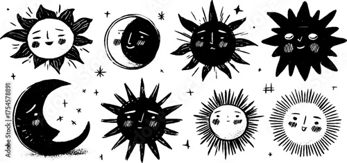 Tribal folk art blackwork sun and moon illustrations - celestial design for prints and decor