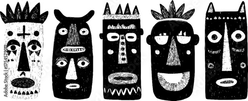 Tribal folk art faces in blackwork style for creative design projects