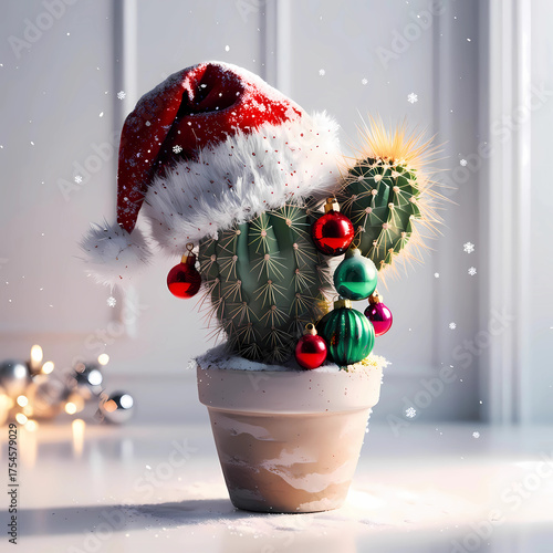 Cactus in a pot decorated as a christmas tree with santa hat on a window cill with twinkling lights