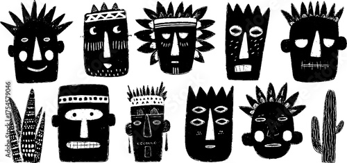 Tribal folk art blackwork illustration with stylized faces and cacti