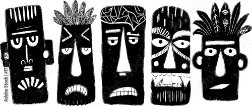 Tribal folk art blackwork silhouette collection in scandinavian linocut style for creative design