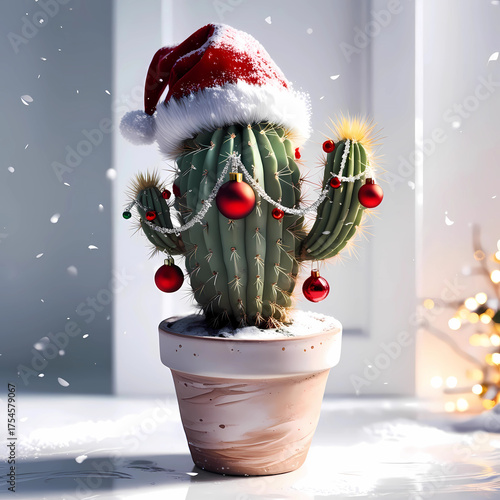 Illustration of a Cactus in a pot decked with red baubles and a santa hat in a lit window with snow flakes