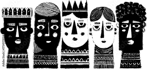 Surreal tribal folk art faces in blackwork illustration style for creative design