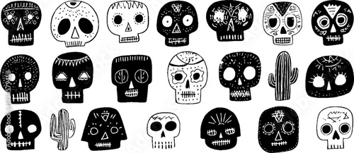 Tribal folk art blackwork skull silhouette collection for day of the dead celebration design