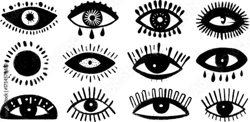 Tribal folk art eye motif collection: blackwork illustrations for design and decoration