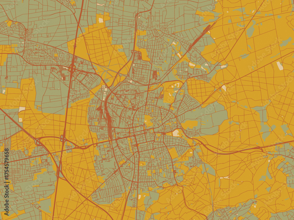 Fototapeta premium Poster-ready flat map of Darmstadt, Germany, sage green ground with rust-red roads and ochre accents.