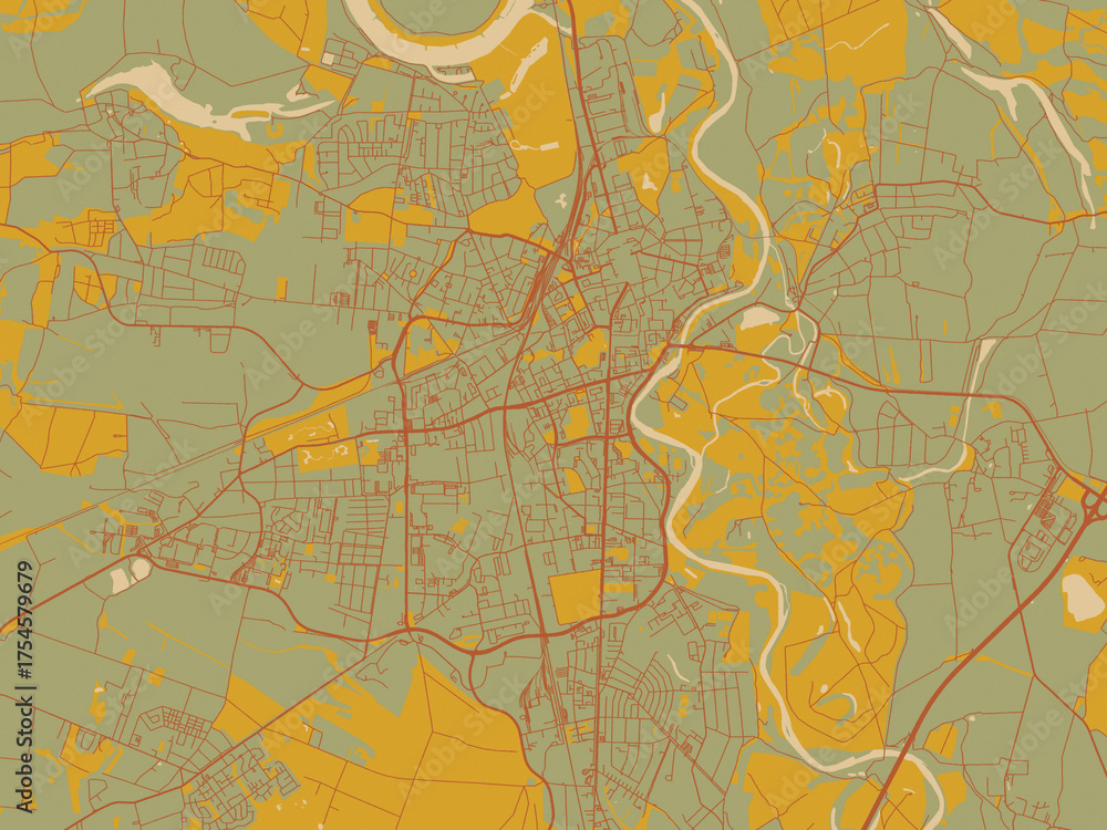 Fototapeta premium Minimalist flat city map of Dessau, Germany with sage/olive tone field with rust networks and ochre shapes, cream water.