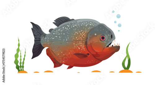 Cartoon Piranha with Sharp Teeth and Red Belly.