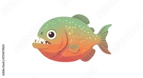 Cartoon Piranha with Sharp Teeth and Green-Orange Body.