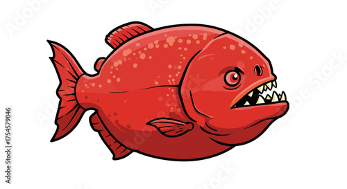 Cartoon Red Piranha with Sharp Teeth and Spotted Body.
