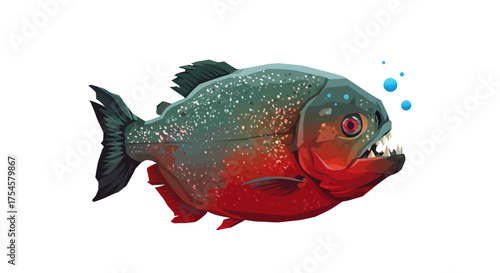 Cartoon Piranha with Sharp Teeth and Bubbles.
