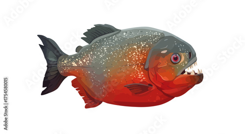 Illustration of a Red-Bellied Piranha with Sharp Teeth and Gray Scales.