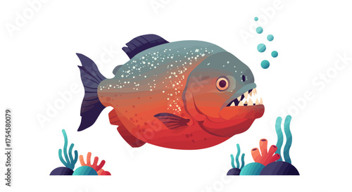 Cartoon Piranha with Sharp Teeth and Colorful Scales Illustration.