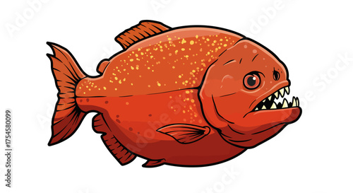 Cartoon Red Piranha with Sharp Teeth and Yellow Spots Illustration.