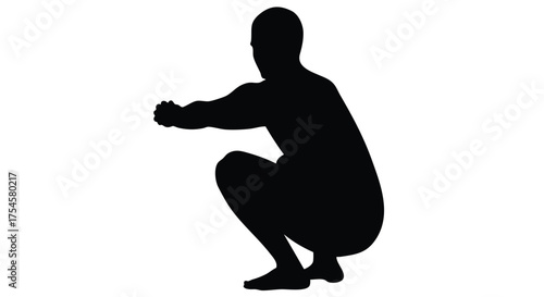 Silhouette of a person performing a deep squat exercise, emphasizing lower body strength and flexibility