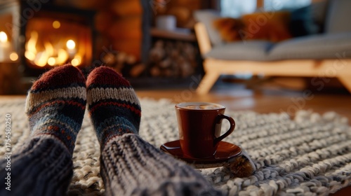 Wallpaper Mural Cozy Vibes with Warm Socks and Hot Drink by the Fireplace in a Rustic Cabin Setting for Comfort and Relaxation Torontodigital.ca