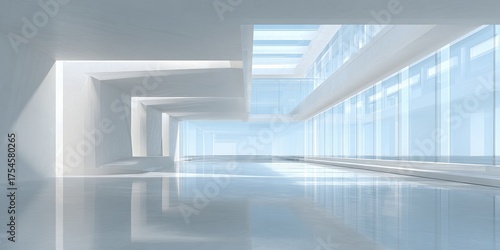 Bright modern white interior hall with reflective floor and glass windows.