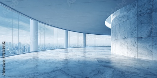 Modern Empty Curved Office Space with City Skyline View