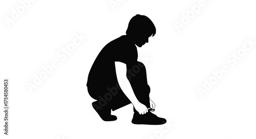 Silhouette of a young person crouching down to tie their shoelaces, ready for an activity