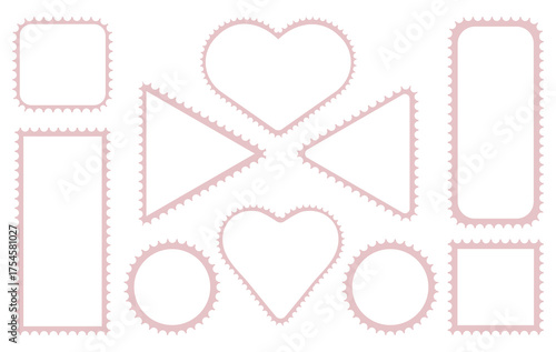 Outline stamp frame with heart edge. Postage shape border for mail card template. Vintage perforated envelope label with zigzag line. Postmark note sample graphic set. Empty cut travel sticker.