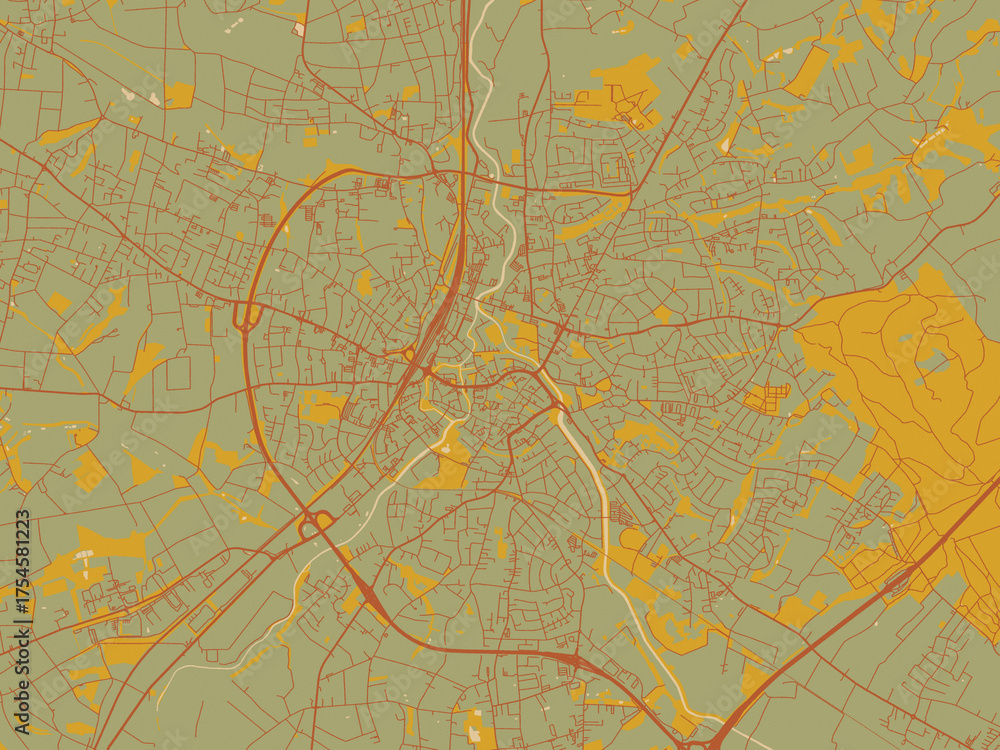 Obraz premium Contemporary flat map of Herford, Germany design with sage/olive tone field with rust networks and ochre shapes, cream water.