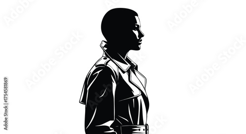 Silhouette Portrait Elegant Woman in Trench Coat, Minimalist Black and White Design