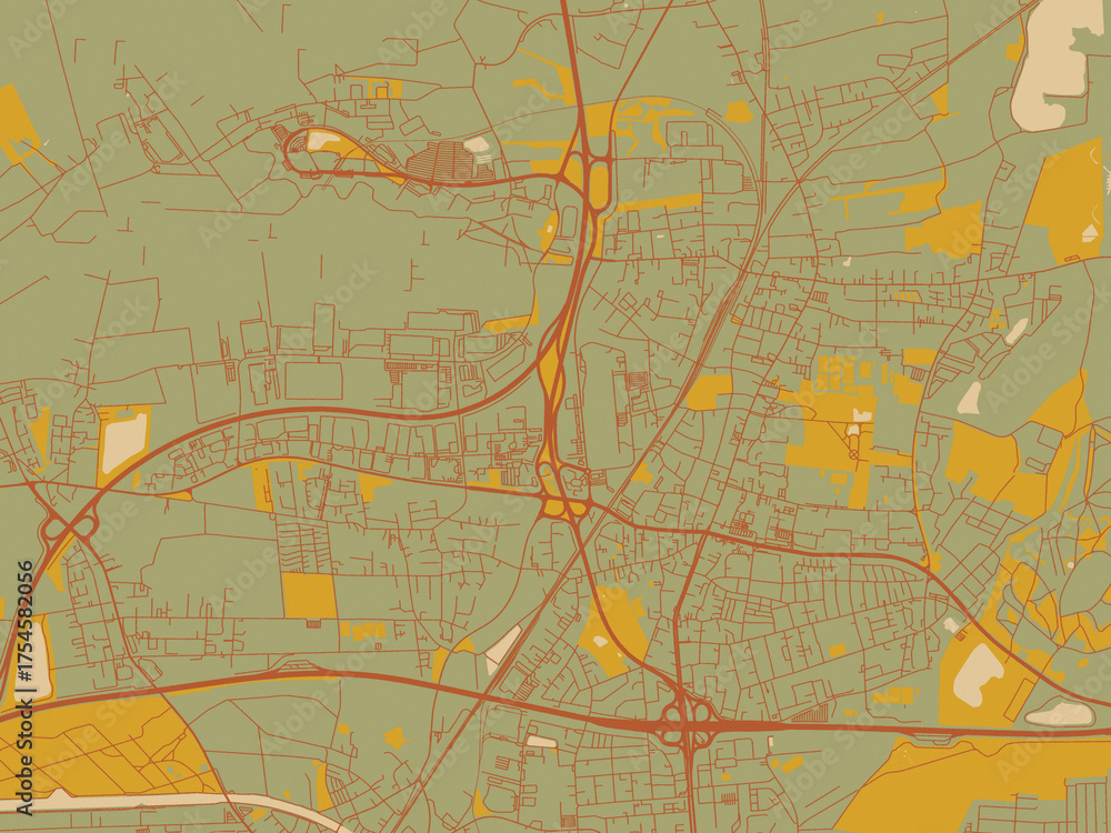 Fototapeta premium Minimalist flat city map of Langenhagen, Germany with sage green ground with rust-red roads and ochre accents.