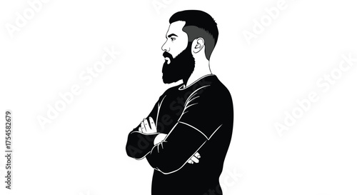 A stylishly bearded man in a black t-shirt, arms crossed, depicted in a minimalist black and white illustration