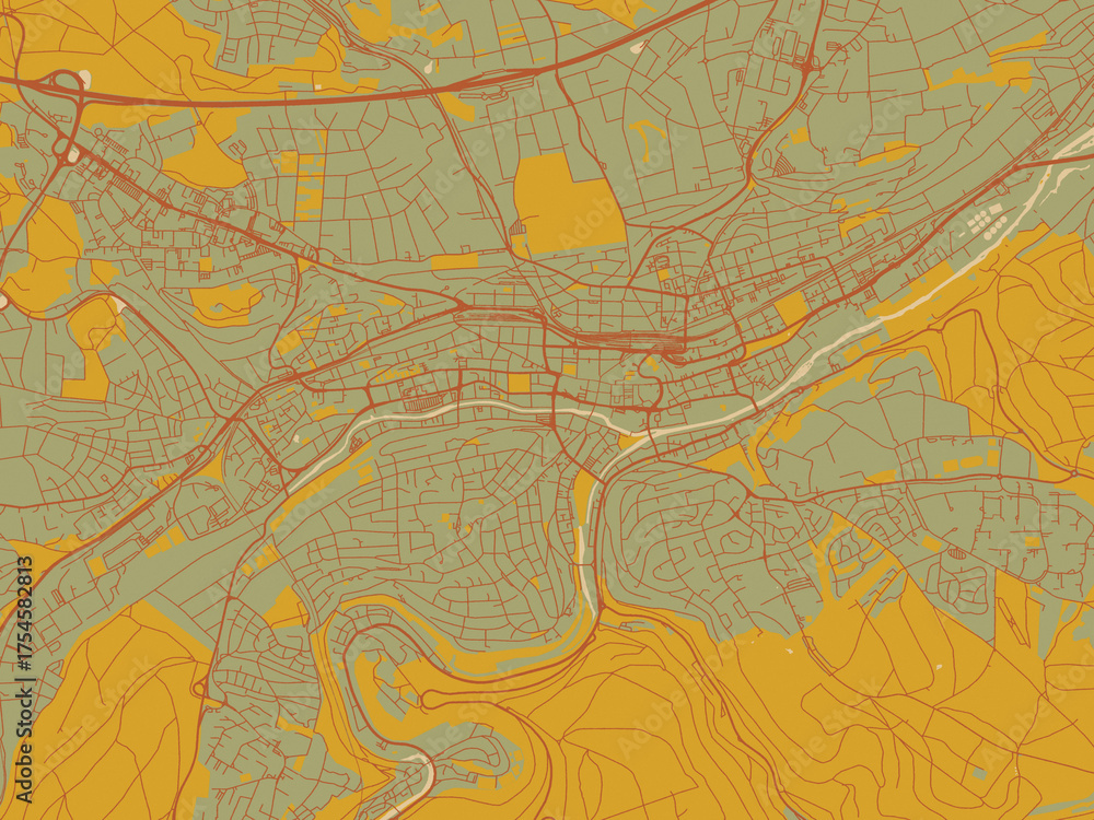 Obraz premium Flat painterly map of Pforzheim, Germany in muted sage base, rust-colored roads, and soft ochre highlights.