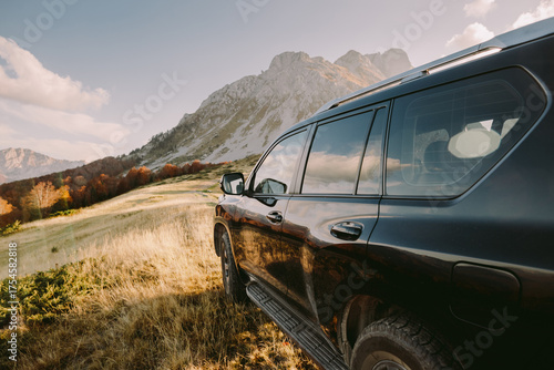 travel by car in mountains. Autumn mountains and forest scenery,