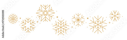 Snowflake border, gold winter snow pattern, holidays banner