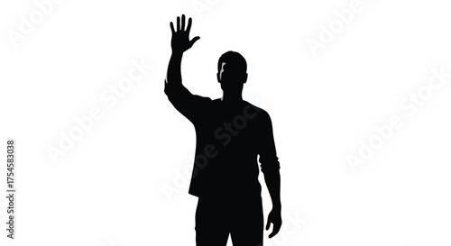 Silhouette of a man waving his hand, isolated on a white background. Concept of hello, greeting, or raising hand