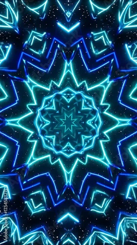 A glowing blue and cyan neon kaleidoscope creating a star-like pattern in a dark, starry space