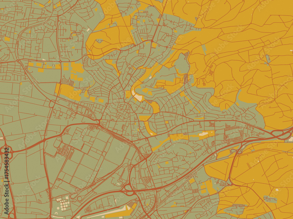 Obraz premium Vector-style flat map of Sindelfingen, Germany with sage green ground with rust-red roads and ochre accents.