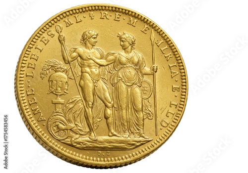 Fototapete Isolated, antique gold coin, French Algeria issue, depicts two allegorical figur