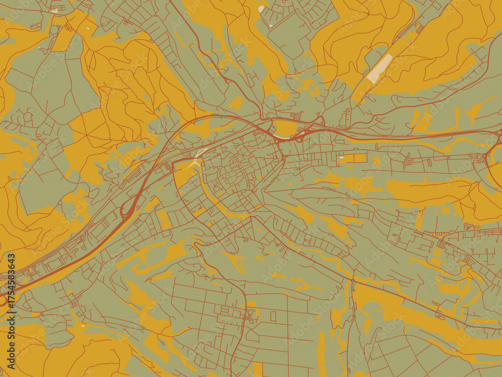 Obraz premium Flat painterly map of Swabisch Gmund, Germany in olive backdrop with warm rust street network and ochre blocks.