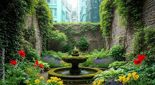 Enchanting Walled Garden with Lit Stone Fountain, Vibrant Flowers, and Lush Greenery.