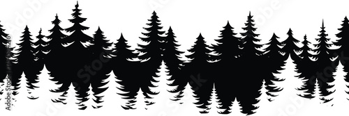 Coniferous forest, seamless border, isolated on white background, vector design