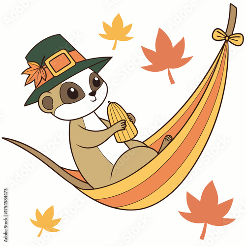 Cute Excited Meerkat, accessorized with in a hammock, in a Thanksgiving world – Grateful Harvest palette vector