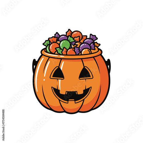 Halloween Pumpkin Candy Bucket Filled with Sweets Vector Art