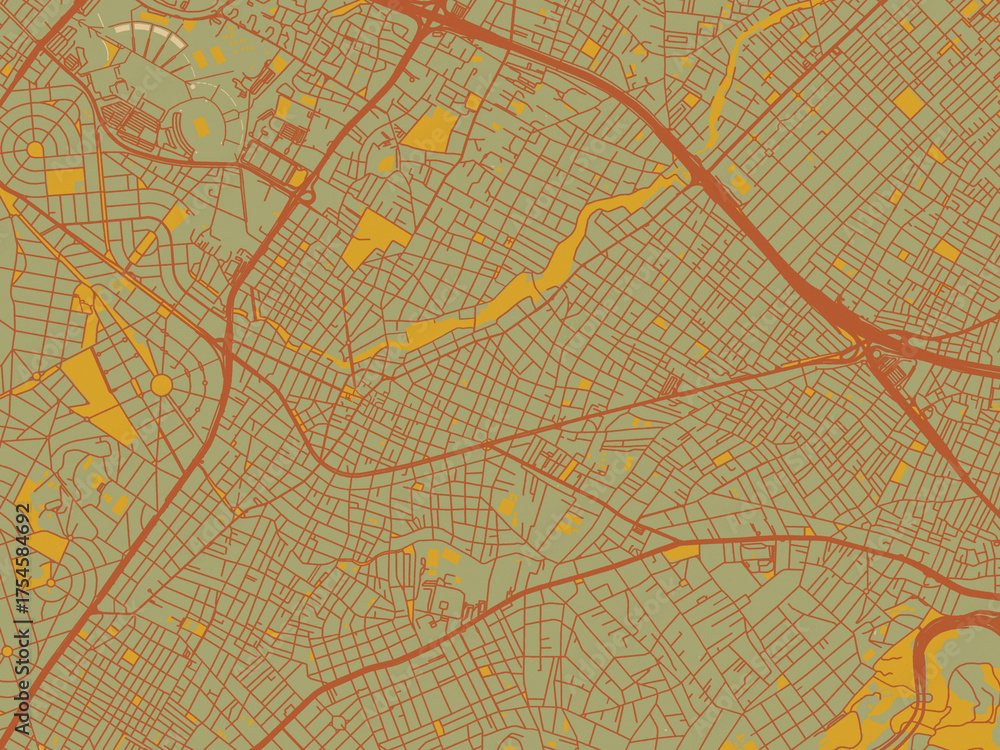 Obraz premium Poster-ready flat map of GRE, Khalandrion, olive backdrop with warm rust street network and ochre blocks.