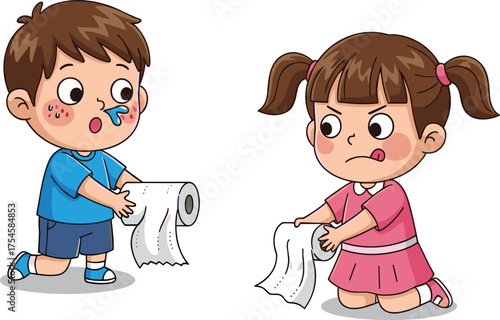 Children with toilet paper, cartoon hygiene scene, playful vs frustrated behavior, expressive emotion contrast, household item moment, tissue roll illustration