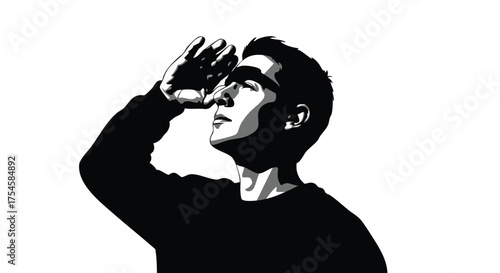 Silhouette of a man shielding eyes, looking upwards with anticipation and hope in monochrome style