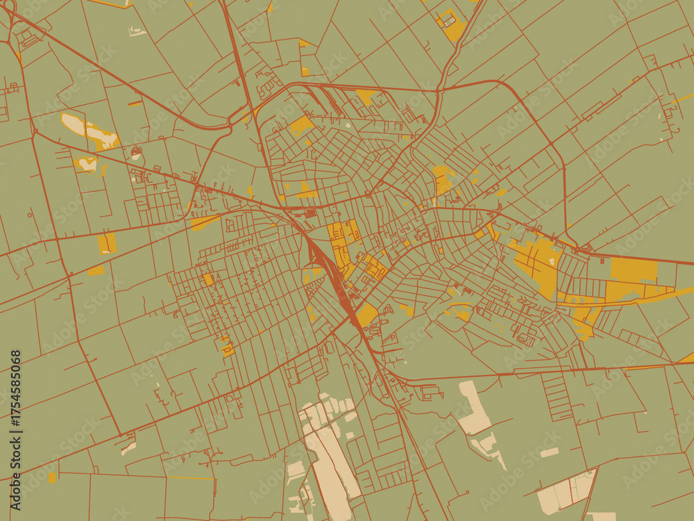 Obraz premium Graphic flat color map of Bekescsaba, Hungary in olive backdrop with warm rust street network and ochre blocks.