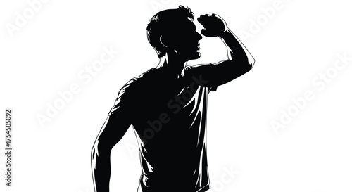 Man in Silhouette Looking Upwards with Hand Shielding Eyes Concept of Seeking Direction