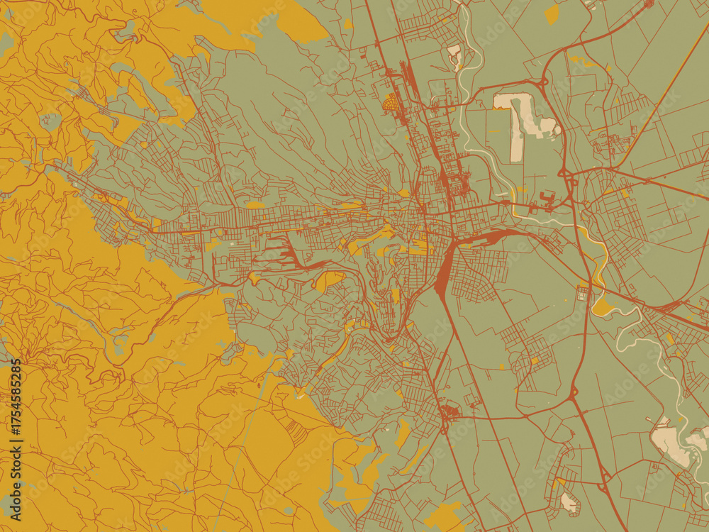 Fototapeta premium Vector-style flat map of Miskolc, Hungary with muted sage base, rust-colored roads, and soft ochre highlights.