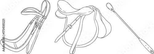 A line drawing of horse riding gear—bridle, saddle, and whip—designed for coloring pages, reflecting traditional hunting and equestrian themes with detailed outlines.
